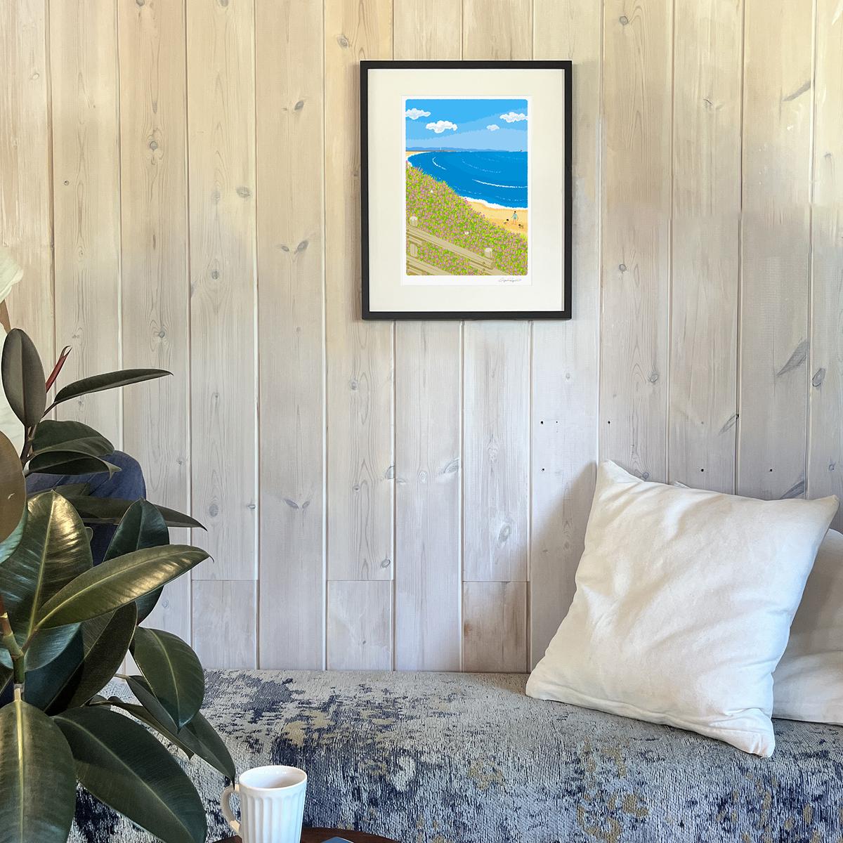 湘南・茅ヶ崎で描く、海を感じるイラストアート 『 湘南ランドスケープ08：海辺のハマダイコン 』 ジークレーアートフレーム （大） /絵画　風景　版画