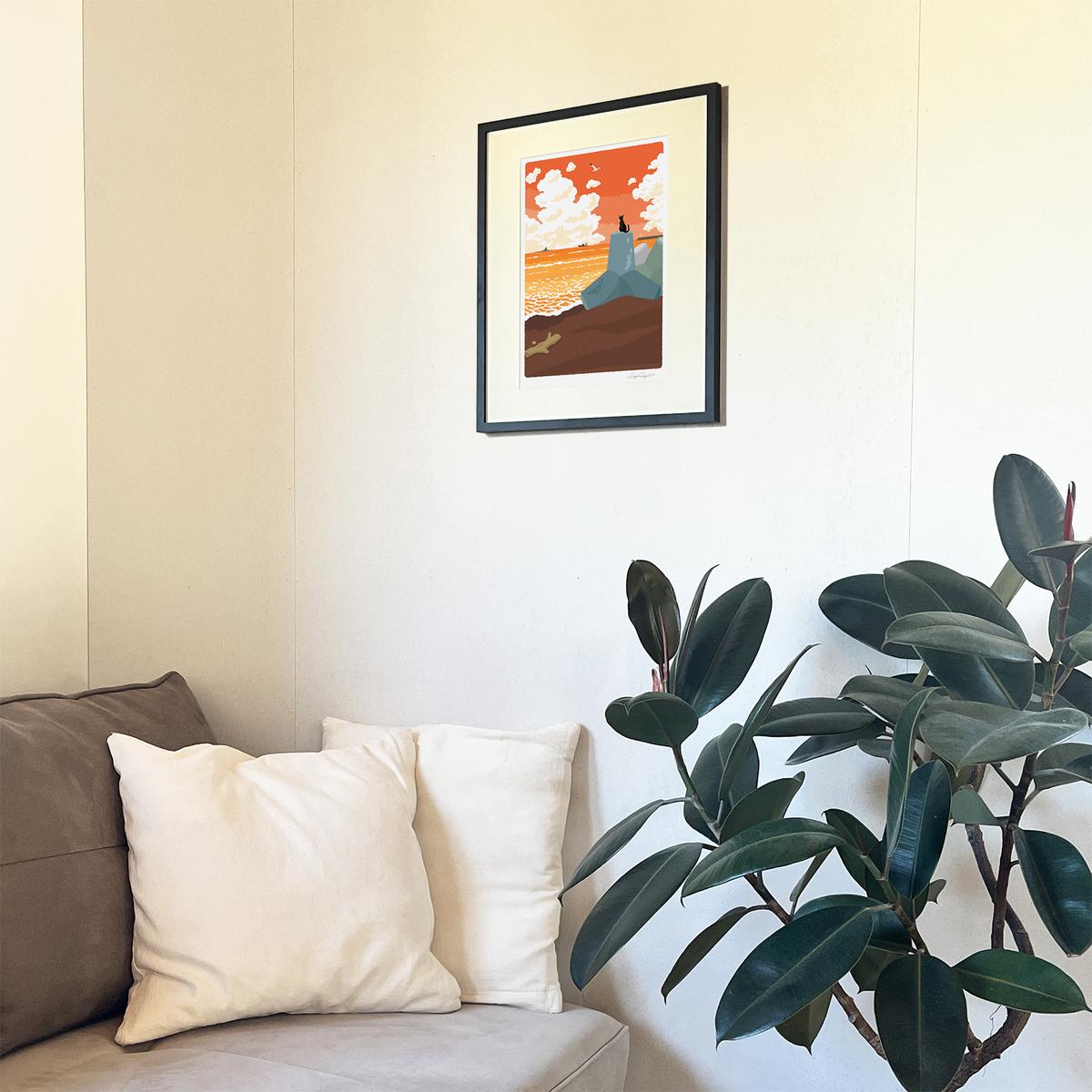 湘南・茅ヶ崎で描く、海を感じるイラストアート 『 湘南ランドスケープ09：夕暮れのサザンビーチ 』 ジークレーアートフレーム （大） /絵画　風景　版画