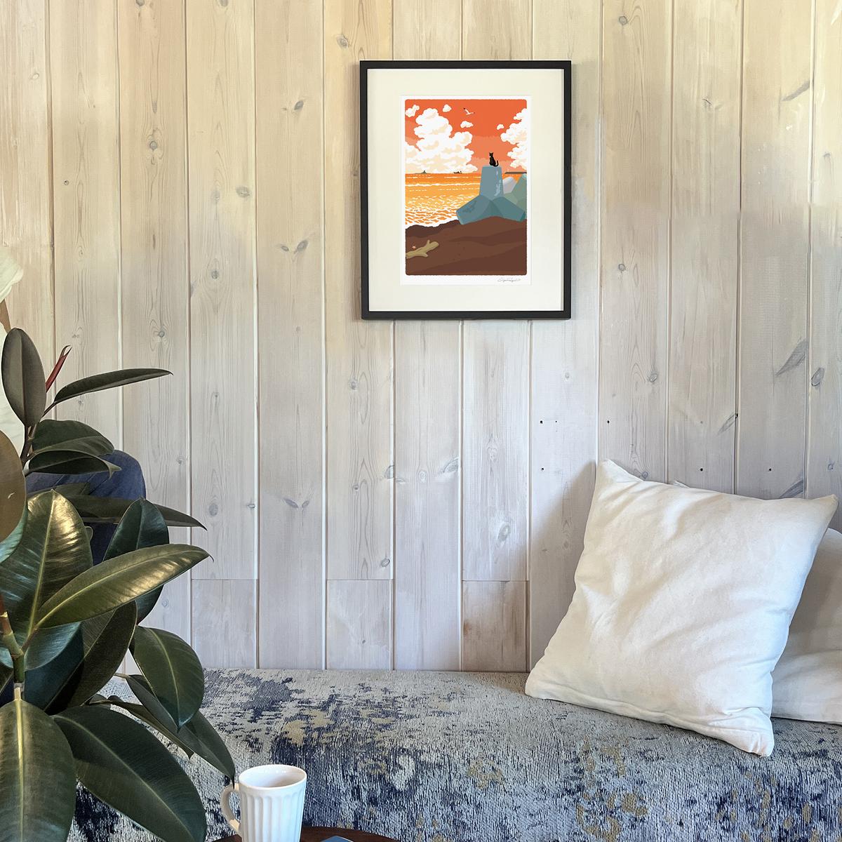 湘南・茅ヶ崎で描く、海を感じるイラストアート 『 湘南ランドスケープ09：夕暮れのサザンビーチ 』 ジークレーアートフレーム （大） /絵画　風景　版画