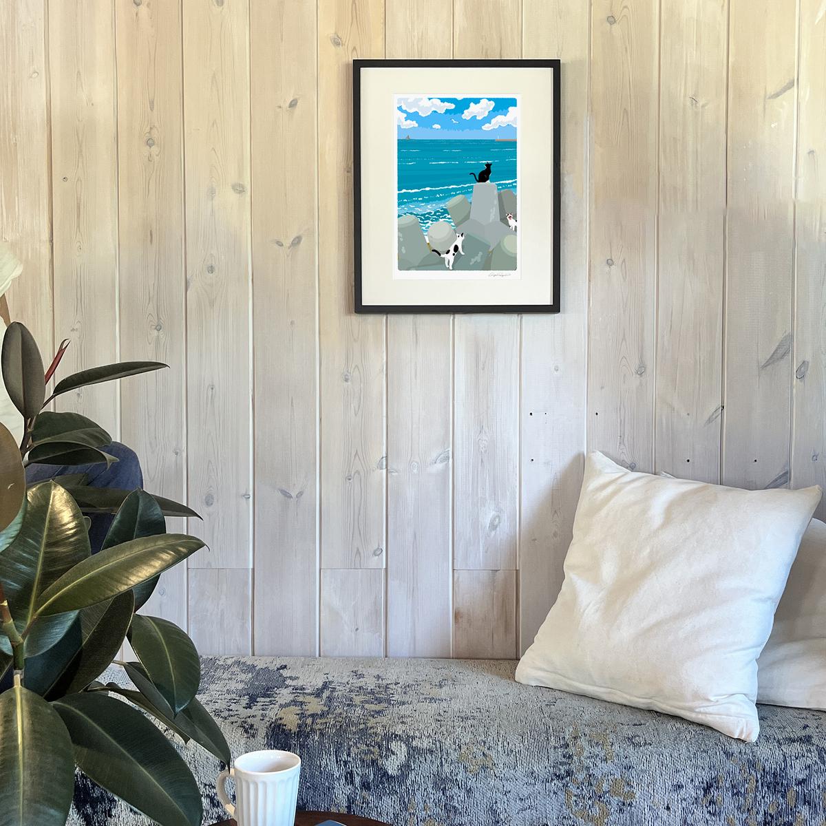 湘南・茅ヶ崎で描く、海を感じるイラストアート 『 湘南ランドスケープ10：午後の集会、俺たちの海 』 ジークレーアートフレーム （大） /絵画　風景　版画