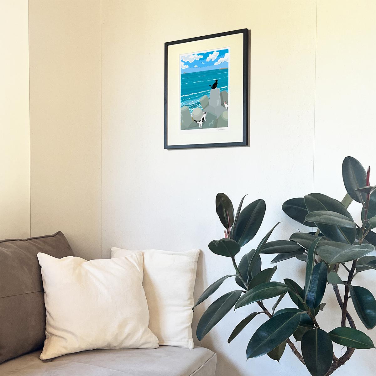 湘南・茅ヶ崎で描く、海を感じるイラストアート 『 湘南ランドスケープ10：午後の集会、俺たちの海 』 ジークレーアートフレーム （大） /絵画　風景　版画