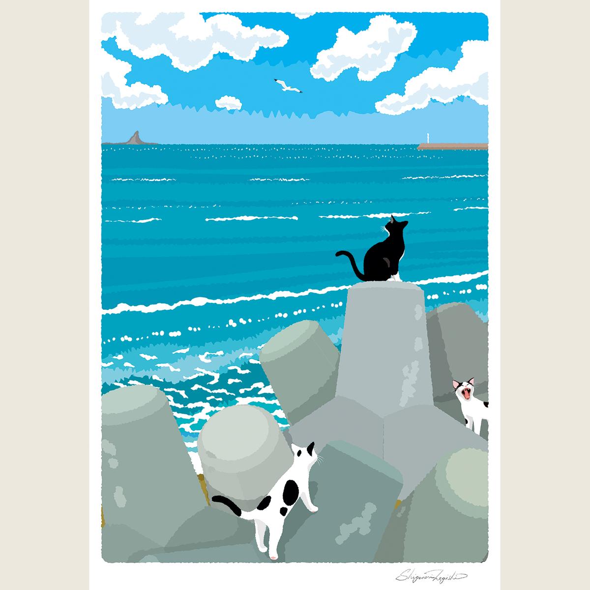 湘南・茅ヶ崎で描く、海を感じるイラストアート 『 湘南ランドスケープ10：午後の集会、俺たちの海 』 ジークレーアートフレーム （大） /絵画　風景　版画