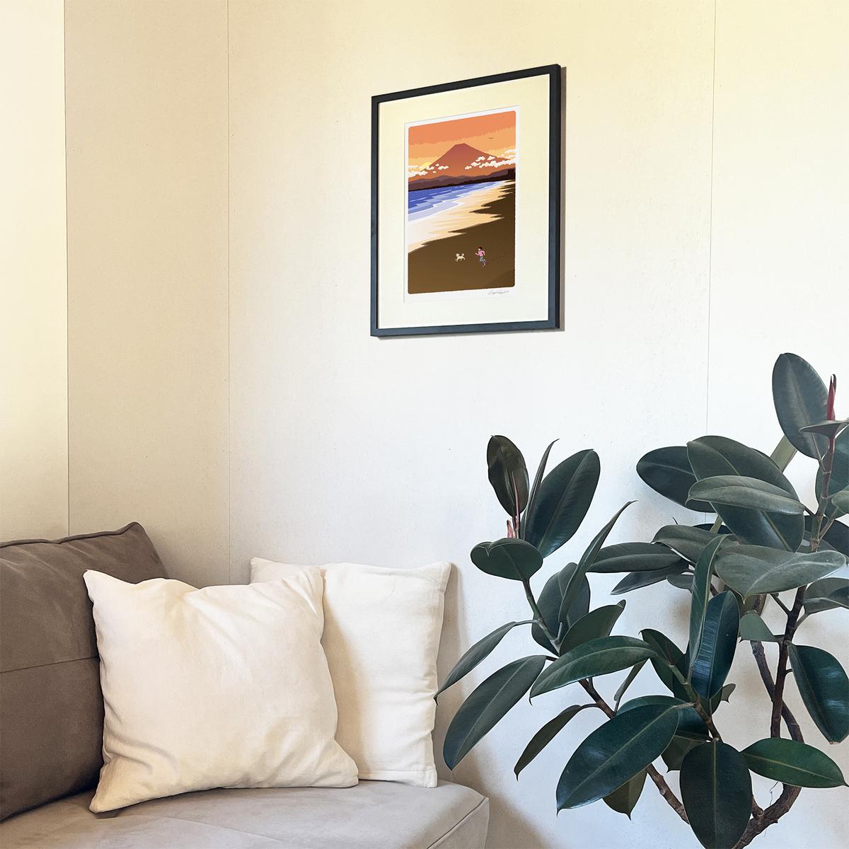 湘南・茅ヶ崎で描く、海を感じるイラストアート 『 湘南ランドスケープ11：湘南の富士と夕焼けの軌跡 』 ジークレーアートフレーム （大） /絵画　風景　版画