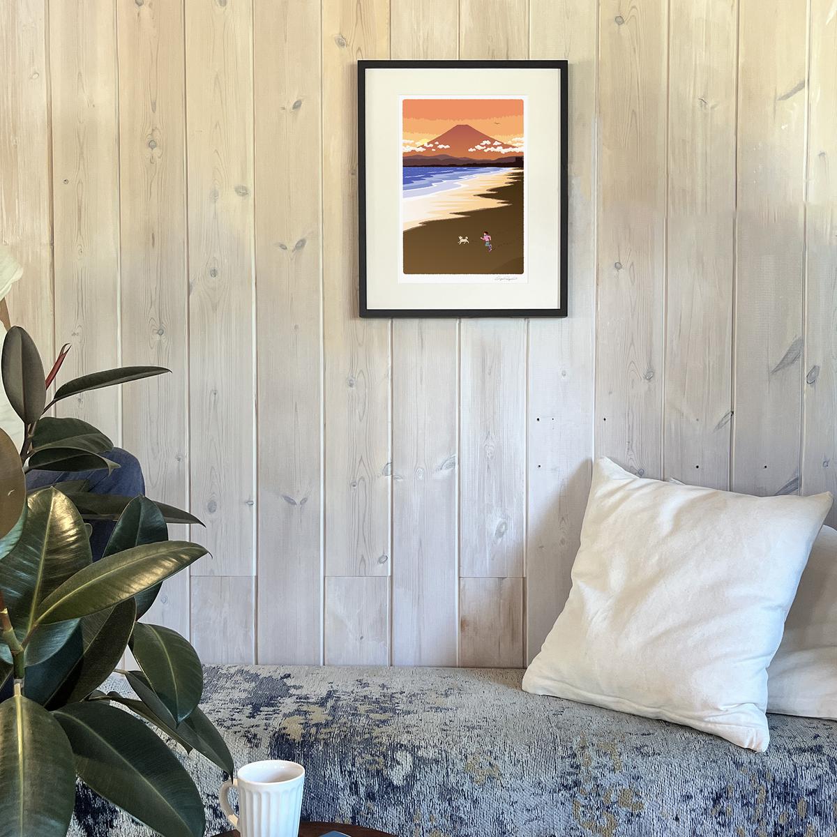 湘南・茅ヶ崎で描く、海を感じるイラストアート 『 湘南ランドスケープ11：湘南の富士と夕焼けの軌跡 』 ジークレーアートフレーム （大） /絵画　風景　版画
