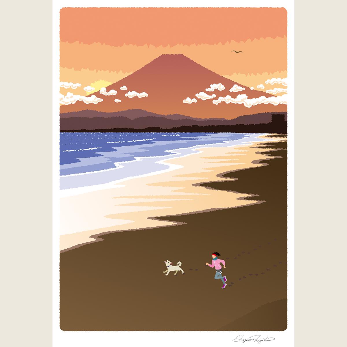 湘南・茅ヶ崎で描く、海を感じるイラストアート 『 湘南ランドスケープ11：湘南の富士と夕焼けの軌跡 』 ジークレーアートフレーム （大） /絵画　風景　版画