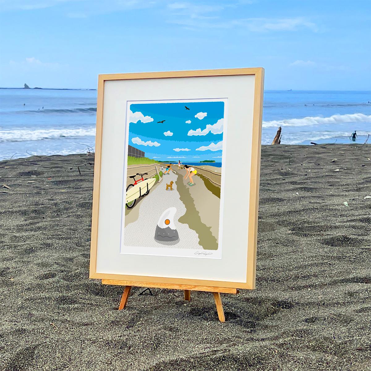 湘南・茅ヶ崎で描く、海を感じるイラストアート 『 湘南ランドスケープ12：茅ヶ崎から江ノ島へ、湘南サイクリングロード 』 ジークレーアートフレーム （大） /絵画　風景　版画