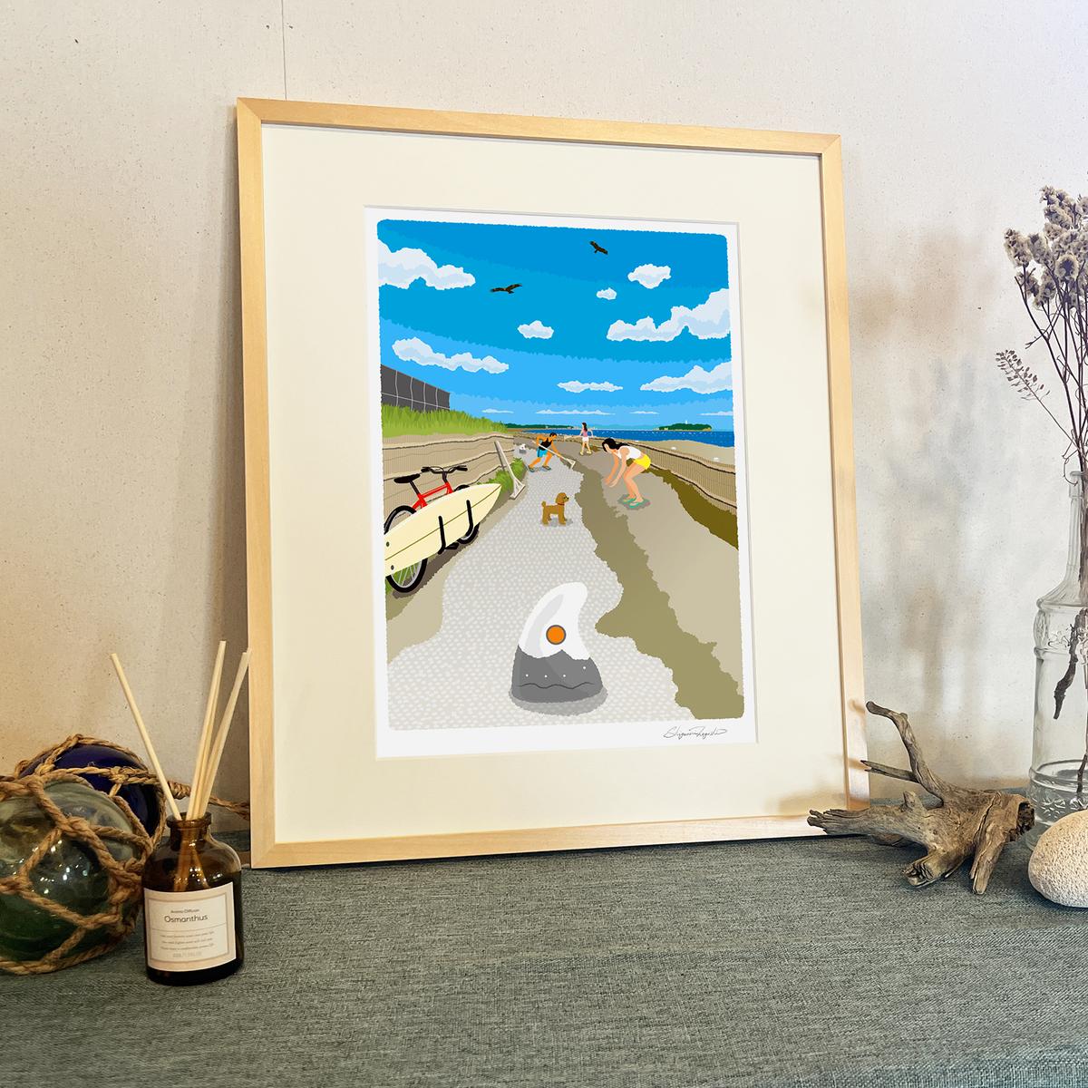 湘南・茅ヶ崎で描く、海を感じるイラストアート 『 湘南ランドスケープ12：茅ヶ崎から江ノ島へ、湘南サイクリングロード 』 ジークレーアートフレーム （大） /絵画　風景　版画