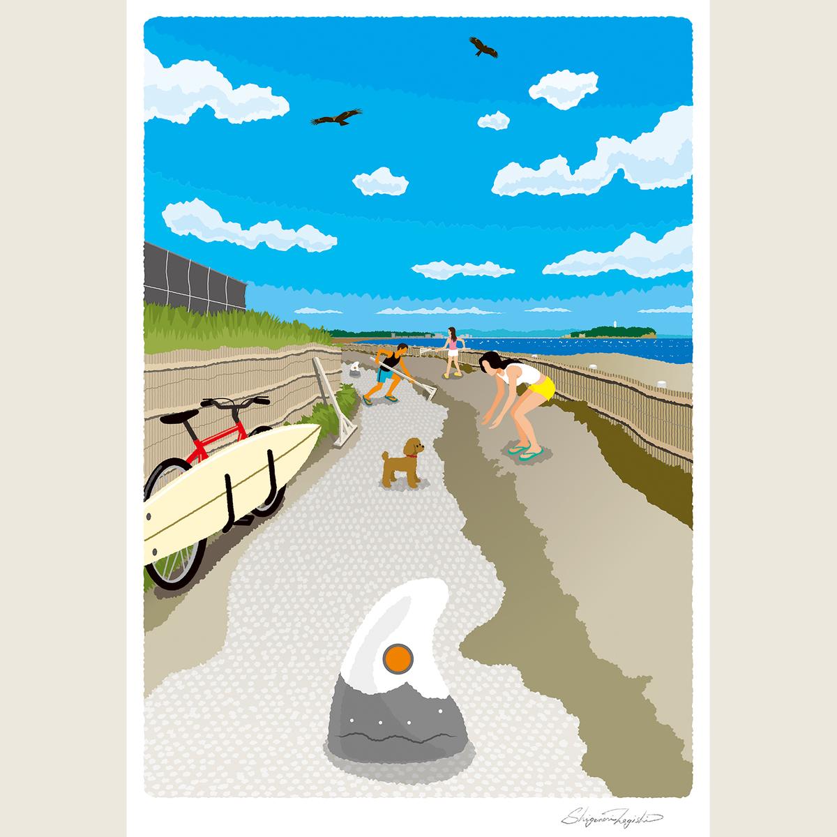 湘南・茅ヶ崎で描く、海を感じるイラストアート 『 湘南ランドスケープ12：茅ヶ崎から江ノ島へ、湘南サイクリングロード 』 ジークレーアートフレーム （大） /絵画　風景　版画