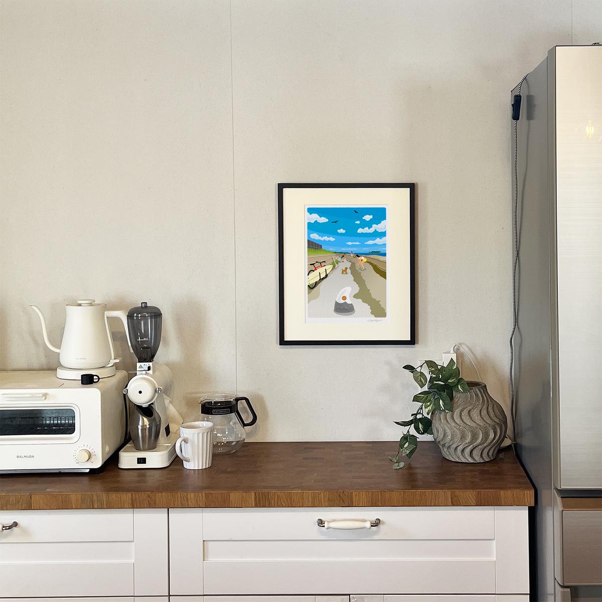 湘南・茅ヶ崎で描く、海を感じるイラストアート 『 湘南ランドスケープ12：茅ヶ崎から江ノ島へ、湘南サイクリングロード 』 ジークレーアートフレーム （大） /絵画　風景　版画