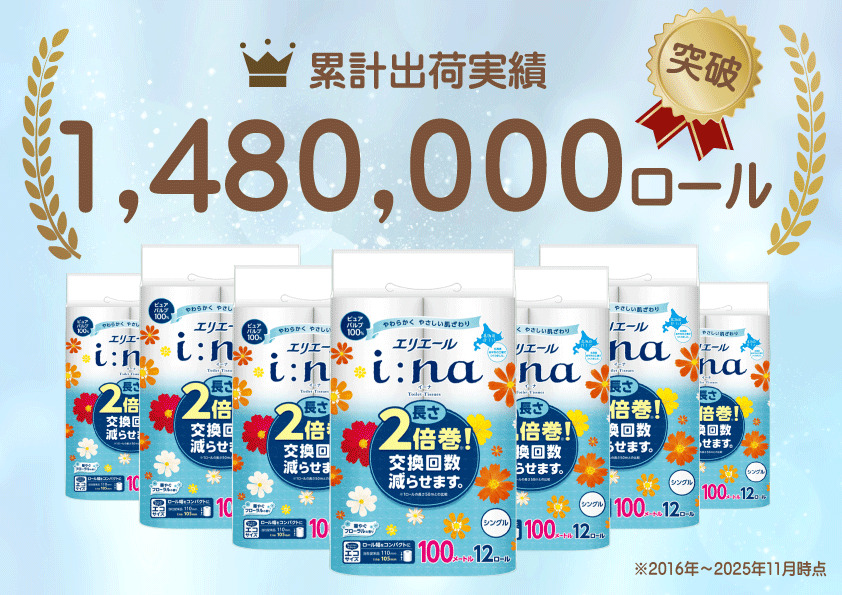 定期便 3ヵ月連続お届け エリエール ハーフサイズ 収納に便利 コンパクト 【少量3パック】 i:na（イーナ）トイレットティシュー［シングル 100m］12R×3パック（計36ロール） 2倍巻 長持ち まとめ買い