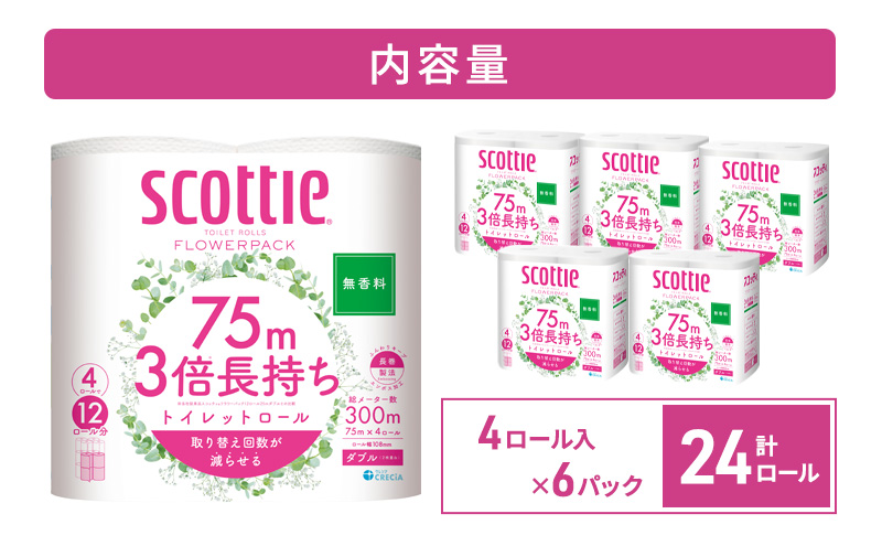 トイレットペーパー ダブル スコッティ3倍長持ち 24ロール (4ロール×6パック) フラワーパック 無香料 スコッティ 3倍長持ち トイレットペーパーダブル 長持ち 長持ちロール 日用品 消耗品 生活用品 生活必需品 まとめ買い 防災 宮城県 岩沼市