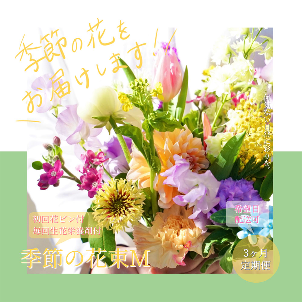 【高知県芸西村】【CF-R5cbs】t154tmf 《3ヵ月定期便》生花花束 ブーケ 初回花瓶付M 定期便 定期コース 全3回 初回花瓶付き 延命剤付き 花びん 生花 花束 ブーケ 花 お花 おすすめ 可愛い キレイ おしゃれ 季節のお花 供花 お供え