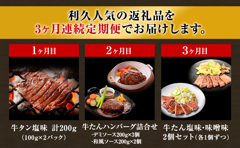 宮城県岩沼市のふるさと納税 【特別寄附額】 牛タン 定期便 3ヶ月 タン ＆ ハンバーグ セット 利久 牛タンハンバーグ 牛たん 味噌味 塩味 タン塩 デミソースハンバーグ 和風ハンバーグ 牛 牛肉 肉 お肉 惣菜 おかず レトルト お中元 お土産 冷凍 冷凍配送 宮城 岩沼市 定期 3回