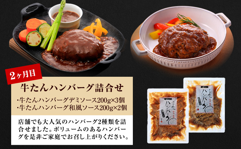宮城県岩沼市のふるさと納税 【特別寄附額】 牛タン 定期便 3ヶ月 タン ＆ ハンバーグ セット 利久 牛タンハンバーグ 牛たん 味噌味 塩味 タン塩 デミソースハンバーグ 和風ハンバーグ 牛 牛肉 肉 お肉 惣菜 おかず レトルト お中元 お土産 冷凍 冷凍配送 宮城 岩沼市 定期 3回