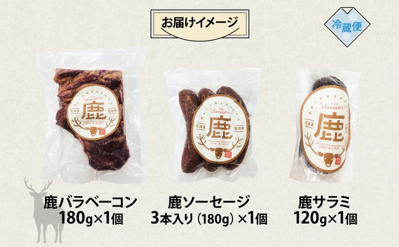 北海道陸別町のふるさと納税 野生100％ 鹿加工肉 3種 セット ベーコン サラミ ソーセージ  燻製 黒コショウ ヘルシー 鉄分豊富 鹿バラベーコン 鹿ソーセージ 鹿サラミ エゾシカ 蝦夷鹿 鹿肉 ジビエ おつまみ 北海道 陸別町 加工食品 お肉