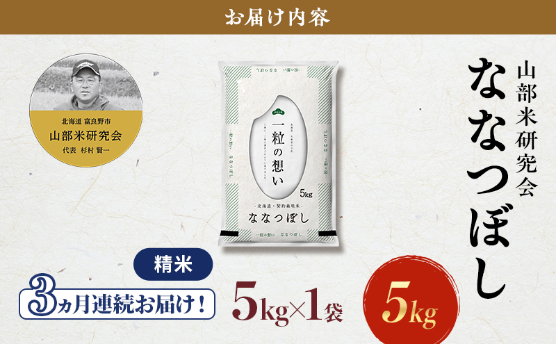 【令和7年度産】◆3ヵ月定期便◆ 富良野 山部米研究会【 ななつぼし 】精米 5kgお米 米 ご飯 ごはん 白米 令和7年 令和7年産 新米 新米予約 定期便 定期 送料無料 北海道 富良野市 道産 直送 ふらの