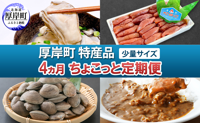 【北海道厚岸町】厚岸町 特産品 少量サイズ 4ヵ月 ちょこっと 定期便 【牡蠣 かき むき身 あさり アサリ たらこ タラコ 切子 カレー 魚貝類 海の幸 レトルト】