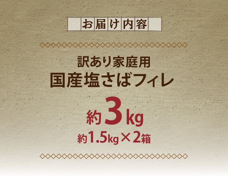 G7352_国産塩さばフィレ3kg （1.5kg×2箱）（訳あり・ご家庭用） 食べやすい 切り身 おかず 時短 タイパ 焼くだけ 簡単 ご家庭用 弁当 切身 水産加工品 さば 魚 魚介 海鮮 海の幸 海産物 魚鶴 冷凍 和歌山県 湯浅町 お取り寄せ 送料無料