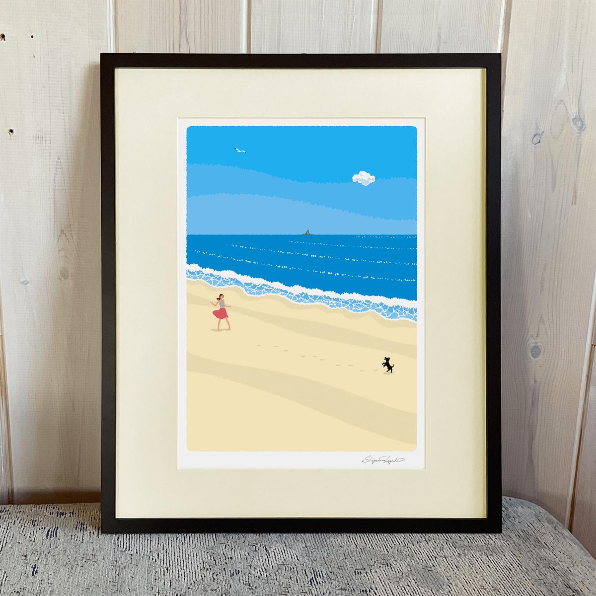 湘南・茅ヶ崎で描く、海を感じるイラストアート 『 湘南ランドスケープ01：波打ち際のキャッチボール 』 ジークレーアートフレーム （大） /絵画　風景　版画