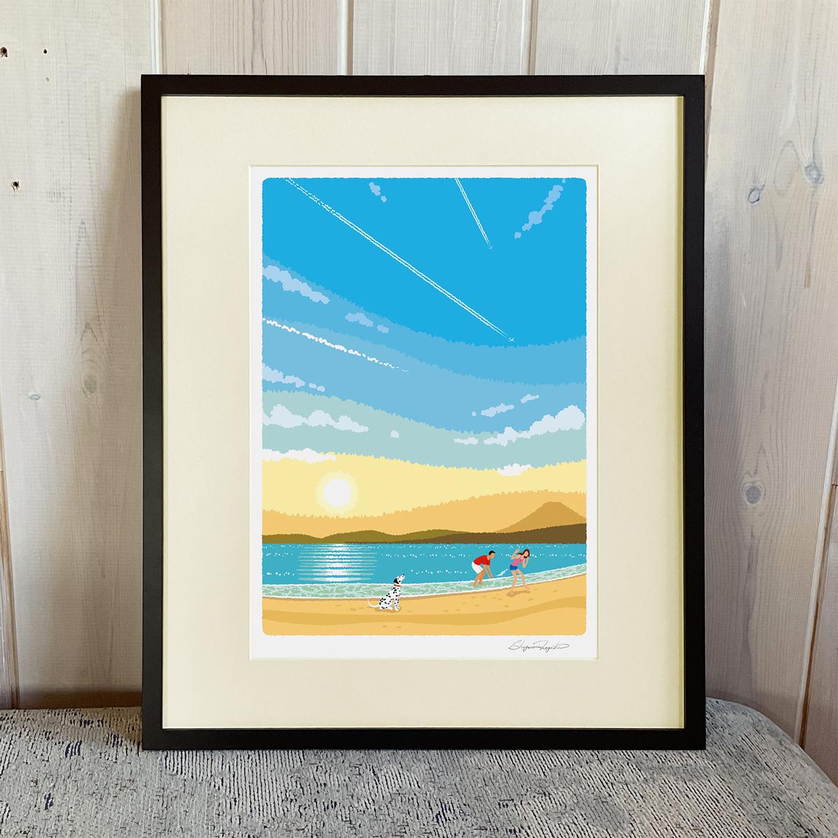 湘南・茅ヶ崎で描く、海を感じるイラストアート 『 湘南ランドスケープ02：ひこうき雲 』 ジークレーアートフレーム （大） /絵画　風景　版画