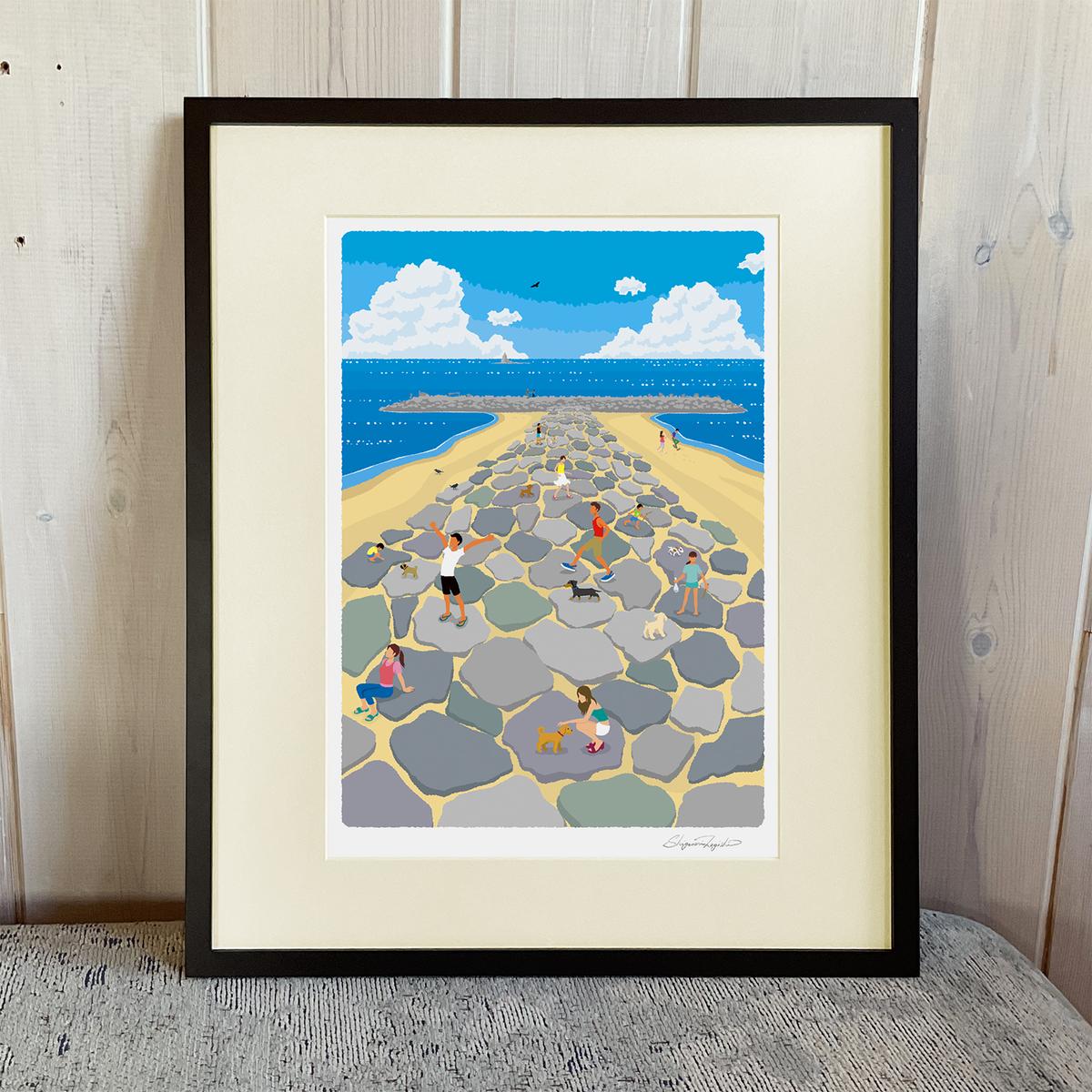 湘南・茅ヶ崎で描く、海を感じるイラストアート 『 湘南ランドスケープ03：茅ヶ崎　ヘッドランド 』 ジークレーアートフレーム （大） /絵画　風景　版画