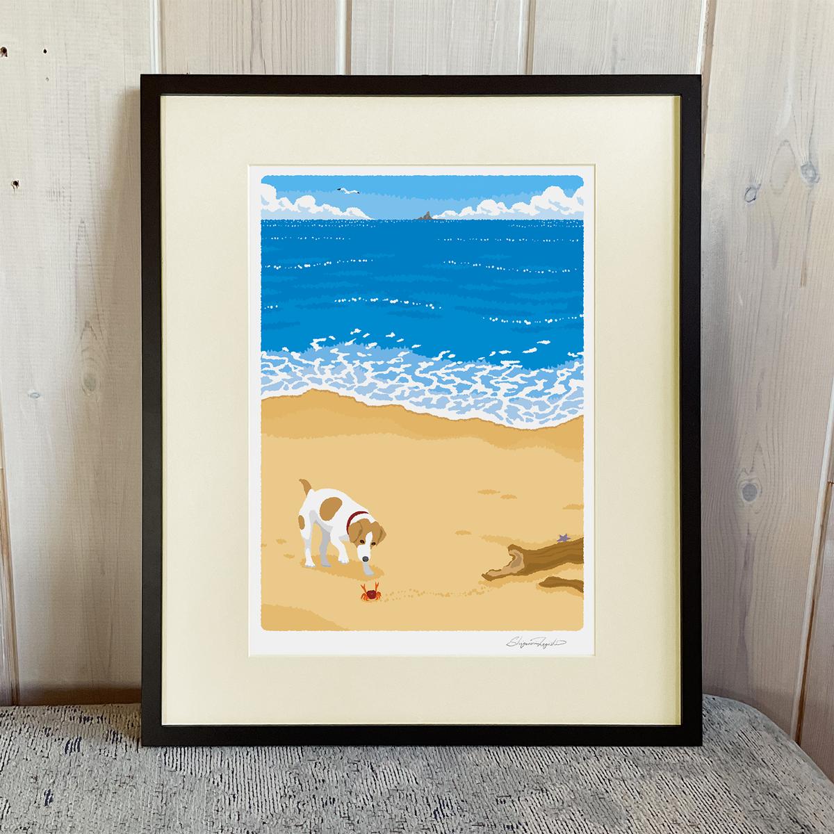 湘南・茅ヶ崎で描く、海を感じるイラストアート 『 湘南ランドスケープ04：渚の遭遇 』 ジークレーアートフレーム （大） /絵画　風景　版画