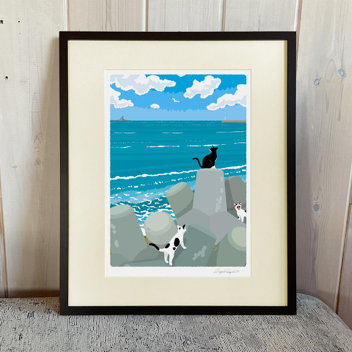 湘南・茅ヶ崎で描く、海を感じるイラストアート 『 湘南ランドスケープ10：午後の集会、俺たちの海 』 ジークレーアートフレーム （大） /絵画　風景　版画