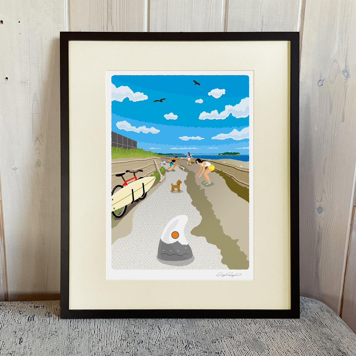 湘南・茅ヶ崎で描く、海を感じるイラストアート 『 湘南ランドスケープ12：茅ヶ崎から江ノ島へ、湘南サイクリングロード 』 ジークレーアートフレーム （大） /絵画　風景　版画