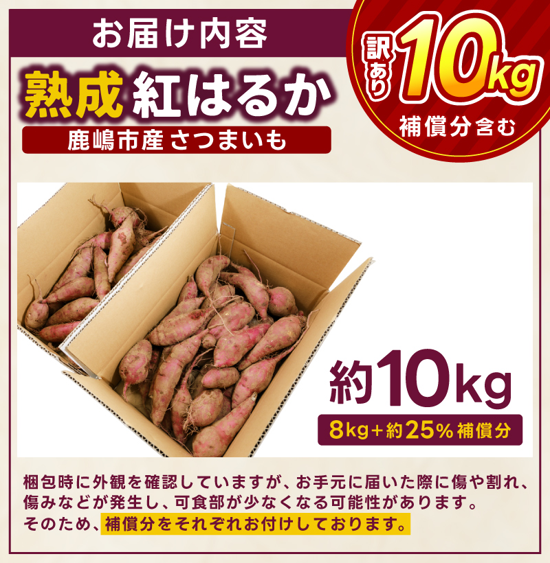 【先行予約】【2025年10月以降発送】【訳あり】 紅はるか さつまいも 計 約10kg (8kg+約25%補償分) 新鮮 土付き【サツマイモ 紅はるか 茨城県 鹿嶋市 10000円以下】（KAM-24）