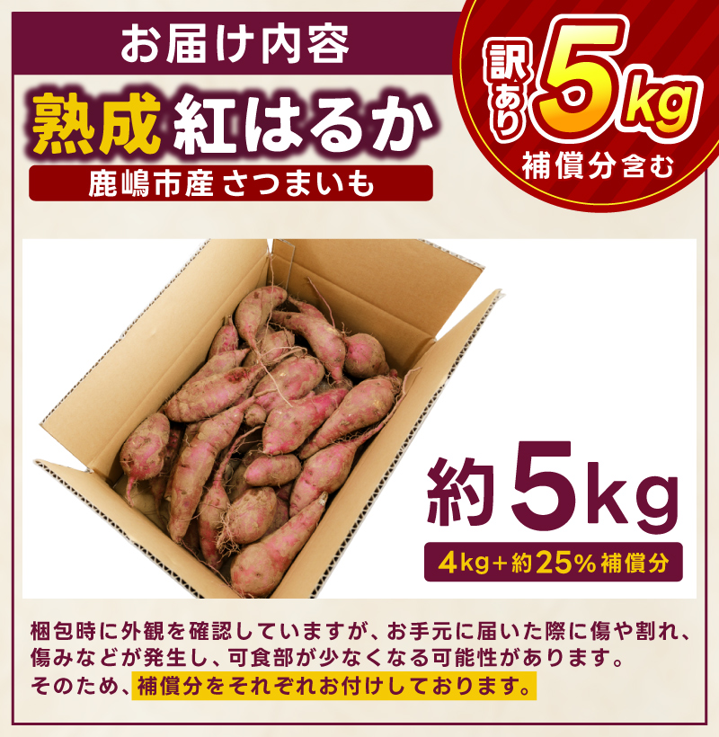 【先行予約】【2025年10月以降発送】【訳あり】 紅はるか さつまいも 計 約5kg (4kg+約25%補償分) 新鮮 土付き【サツマイモ 紅はるか 茨城県 鹿嶋市 10000円以下】（KAM-25）