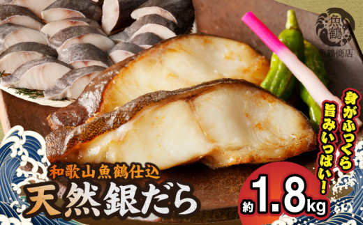 G7336_和歌山魚鶴仕込みのだし漬け天然銀だら切身20切（真空パック入） 約1.8kg 小分け 独自製法 良質な脂 ふっくら 柔らかい 身質 甘み 旨味 白身魚のトロ 梅酒 北海道南産 真こんぶ だし漬け 煮付け ムニエル 味噌漬け 鍋物 冷凍 湯浅町 送料無料