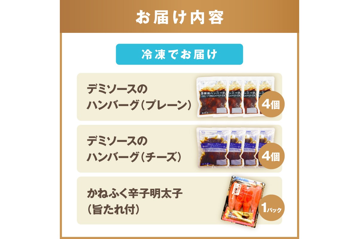 福岡県飯塚市のふるさと納税 かねふく辛子明太子&デミソースのハンバーグ2種セット【A5-301】