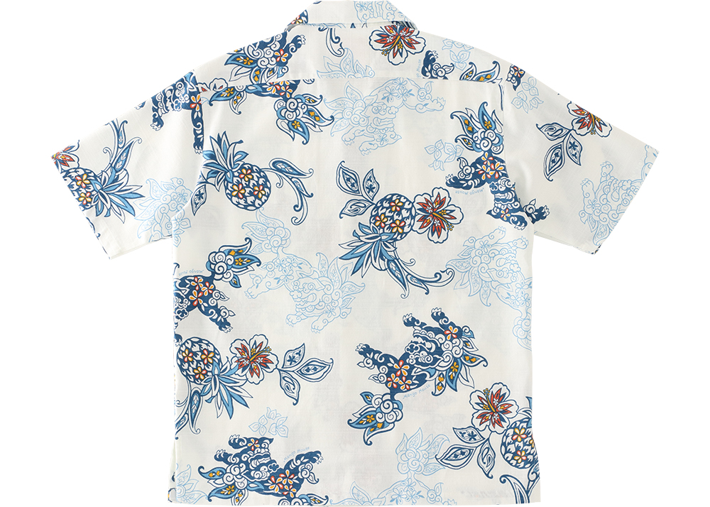 【かりゆしウェア】メンズ いちゃりばシーサーパインSサイズ×オフブルー