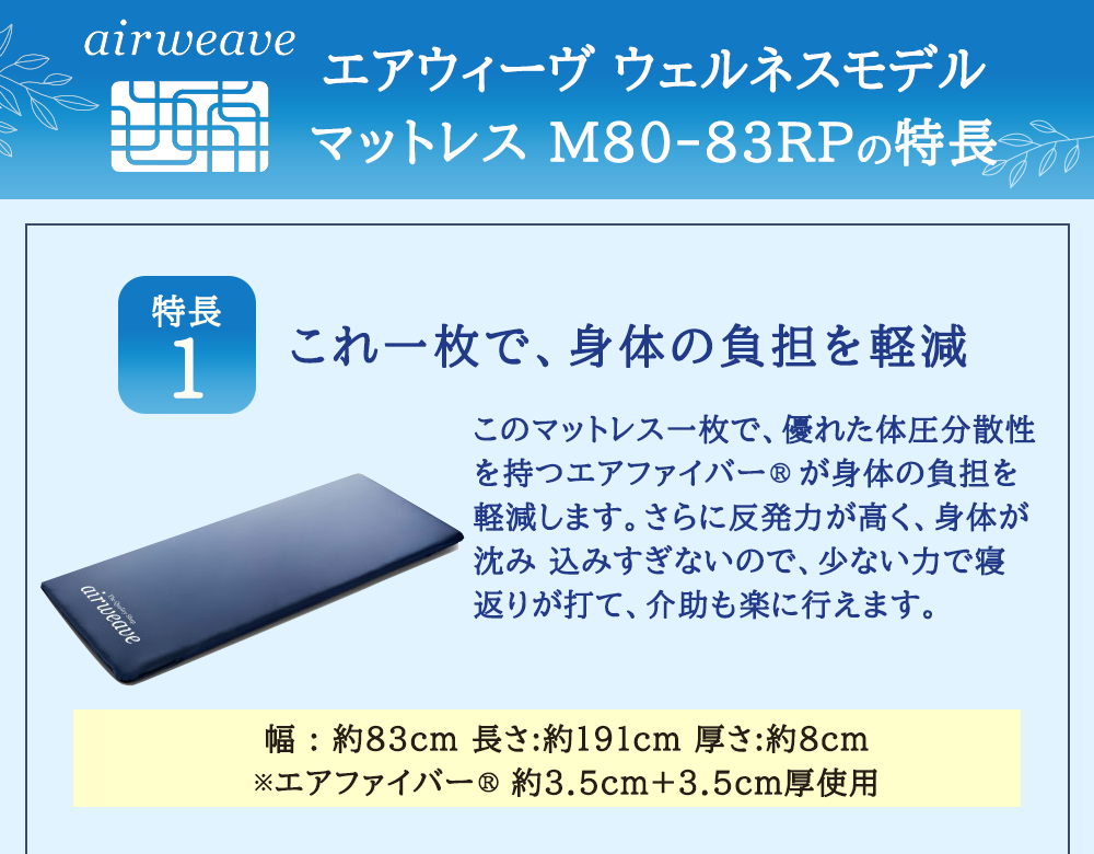 エアウィーヴ ウェルネスモデル マットレス M80-83RP ベッドマットレス ベッド  マットレス セミダブル ダブル クイーン オールシーズン対応 ぐっすり ホテル 安眠 快眠 健康 高反発 腰 肩 熟睡 寝具 寝心地 新生活 洗える 洗濯可 送料無料 体圧分散