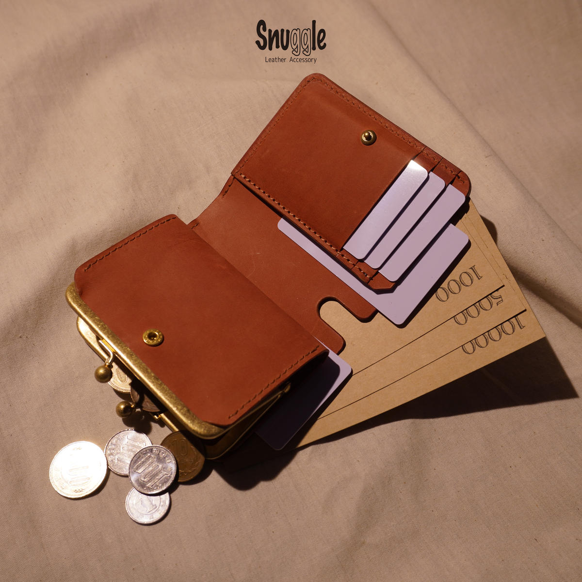 【4色展開】がま口ショートウォレット　通常タイプ　革小物　ハンドメイド　手縫い　一点物　財布　スナッグルレザー