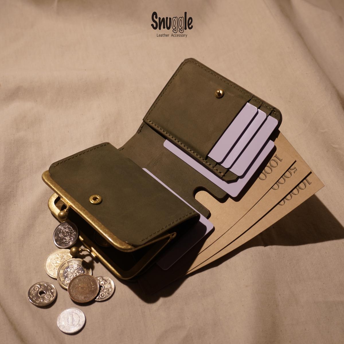 【4色展開】がま口ショートウォレット　カットアウト　革小物　ハンドメイド　手縫い　一点物　財布　スナッグルレザー