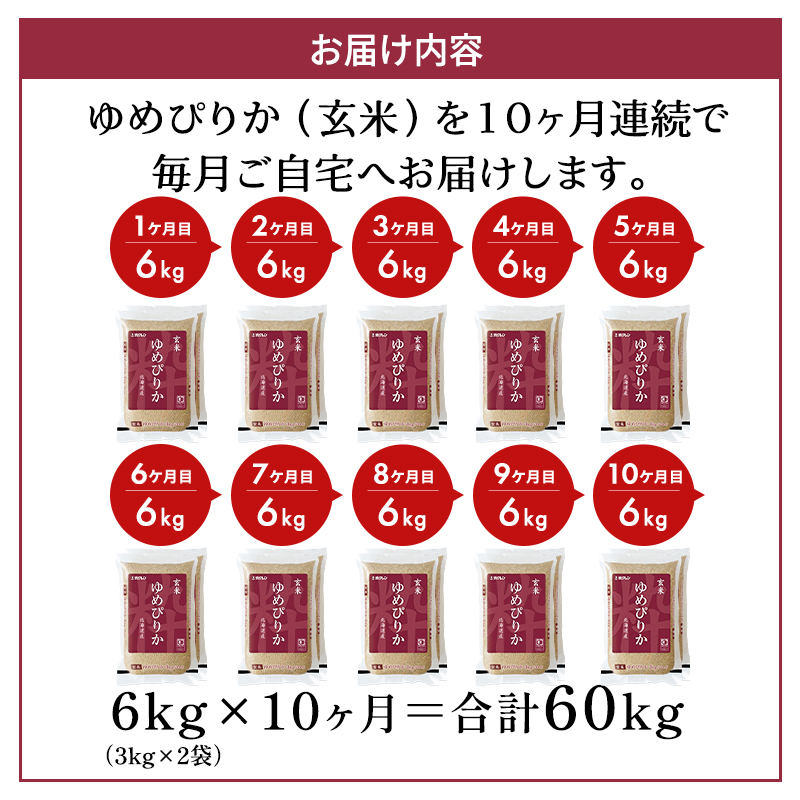 10ヵ月 定期便 ホクレンゆめぴりか（玄米6kg（3kg×2袋））ANA機内食採用 お米 米 ごはん 玄米 国産 北海道 こめ コメ [JA新おたる]