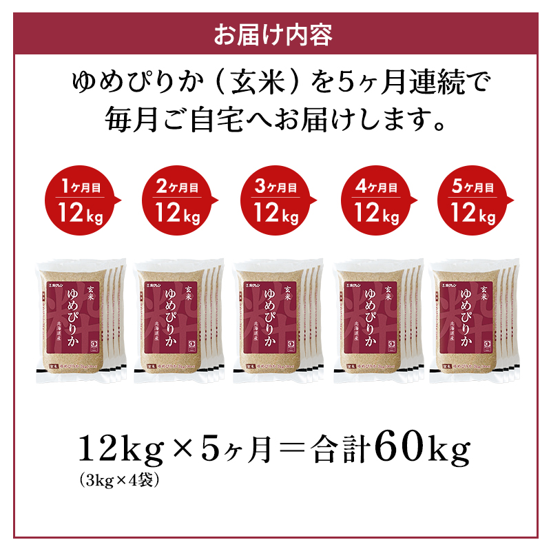 5ヵ月 定期便 ホクレンゆめぴりか（玄米12kg（3kg×4袋））ANA機内食採用 お米 米 ごはん 玄米 国産 北海道 こめ コメ [JA新おたる]