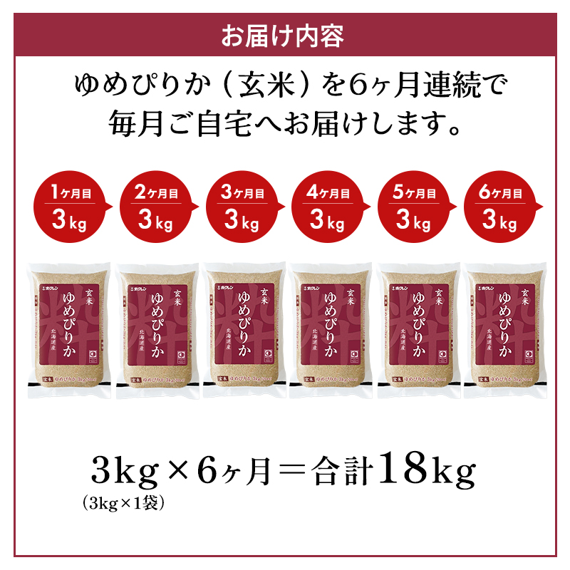 6ヵ月 定期便 (玄米3kg)ホクレンゆめぴりか(3kg×1袋) 北海道米 お米 玄米 ごはん ご飯 ライス 和食 炭水化物 主食 おにぎり お弁当 ほど良い粘り 豊かな甘み つややか 特A [JA新おたる]