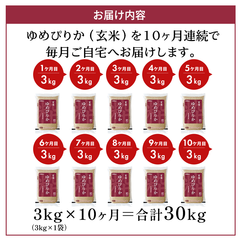 10ヵ月 定期便 (玄米3kg)ホクレンゆめぴりか(3kg×1袋) 北海道米 お米 玄米 ごはん ご飯 ライス 和食 炭水化物 主食 おにぎり お弁当 ほど良い粘り 豊かな甘み つややか 特A [JA新おたる]