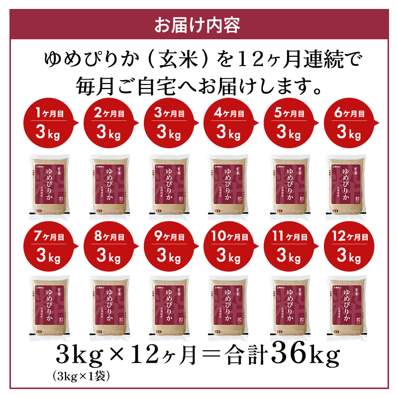 12ヵ月 定期便 (玄米3kg)ホクレンゆめぴりか(3kg×1袋) 北海道米 お米 玄米 ごはん ご飯 ライス 和食 炭水化物 主食 おにぎり お弁当 ほど良い粘り 豊かな甘み つややか 特A [JA新おたる]