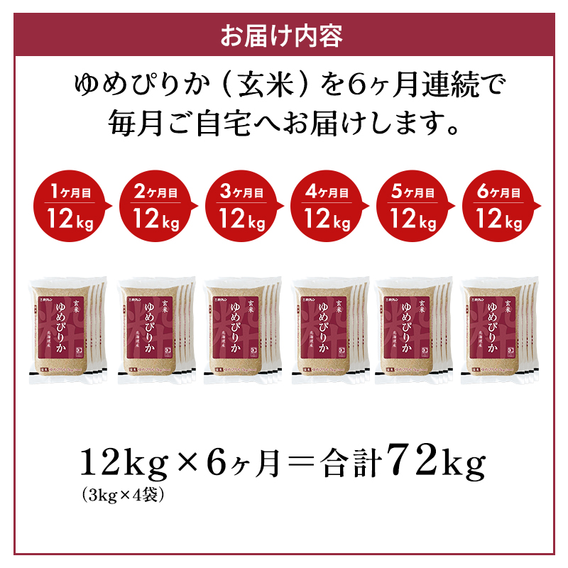 6ヵ月 定期便 (玄米12kg)ホクレンゆめぴりか(3kg×4袋) 北海道米 お米 玄米 ごはん ご飯 ライス 和食 炭水化物 主食 おにぎり お弁当 ほど良い粘り 豊かな甘み つややか 特A [JA新おたる]