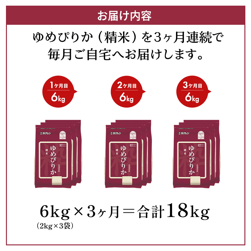 3ヵ月 定期便 ホクレンゆめぴりか（精米6kg（2kg×3袋）)※チャック付袋 お米 米 ごはん 精米 白米 国産 北海道 こめ コメ [JA新おたる]