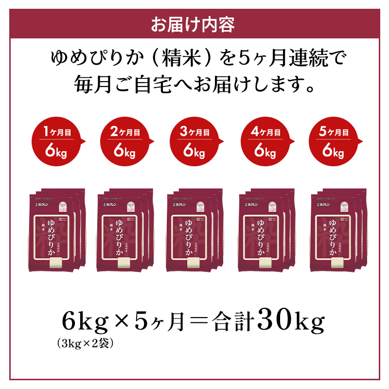 5ヵ月 定期便 ホクレンゆめぴりか（精米6kg（2kg×3袋）)※チャック付袋 お米 米 ごはん 精米 白米 国産 北海道 こめ コメ [JA新おたる]