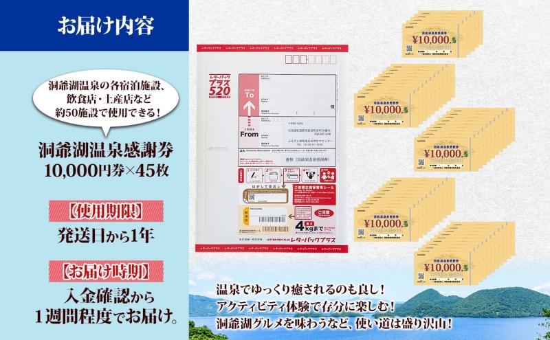 洞爺湖温泉感謝券 450000円 分 金券 クーポン 洞爺湖 湖 温泉 リゾート 有珠山 火山 自然 花火 イルミネーション 旅行 観光 宿泊 施設 北海道 within2025