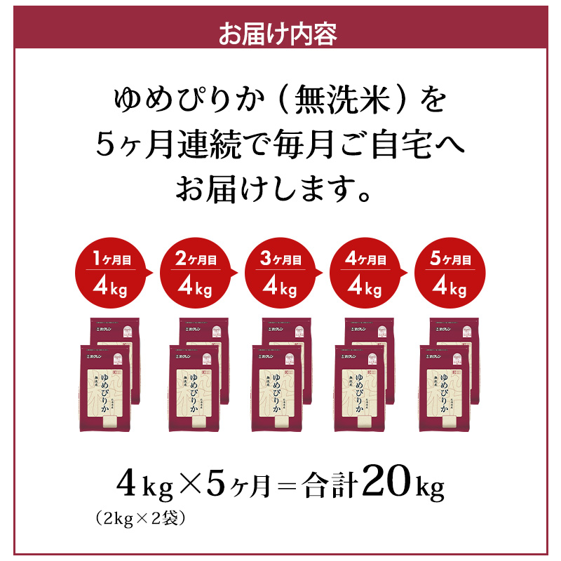 5ヵ月 定期便 (無洗米4kg)ホクレンゆめぴりか(無洗米2kg×2袋)袋はチャック付 米 お米 白米 ごはん ご飯 ライス 和食 炭水化物 主食 おにぎり お弁当  [JA新おたる] 