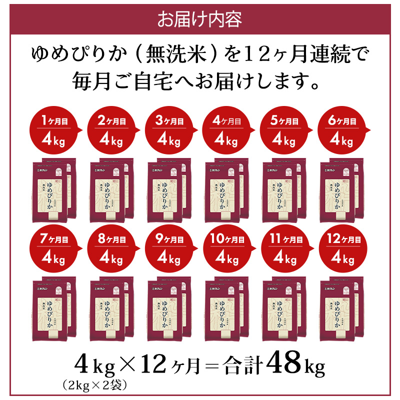 12ヵ月 定期便 (無洗米4kg)ホクレンゆめぴりか(無洗米2kg×2袋)袋はチャック付 米 お米 白米 ごはん ご飯 ライス 和食 炭水化物 主食 おにぎり お弁当  [JA新おたる] 