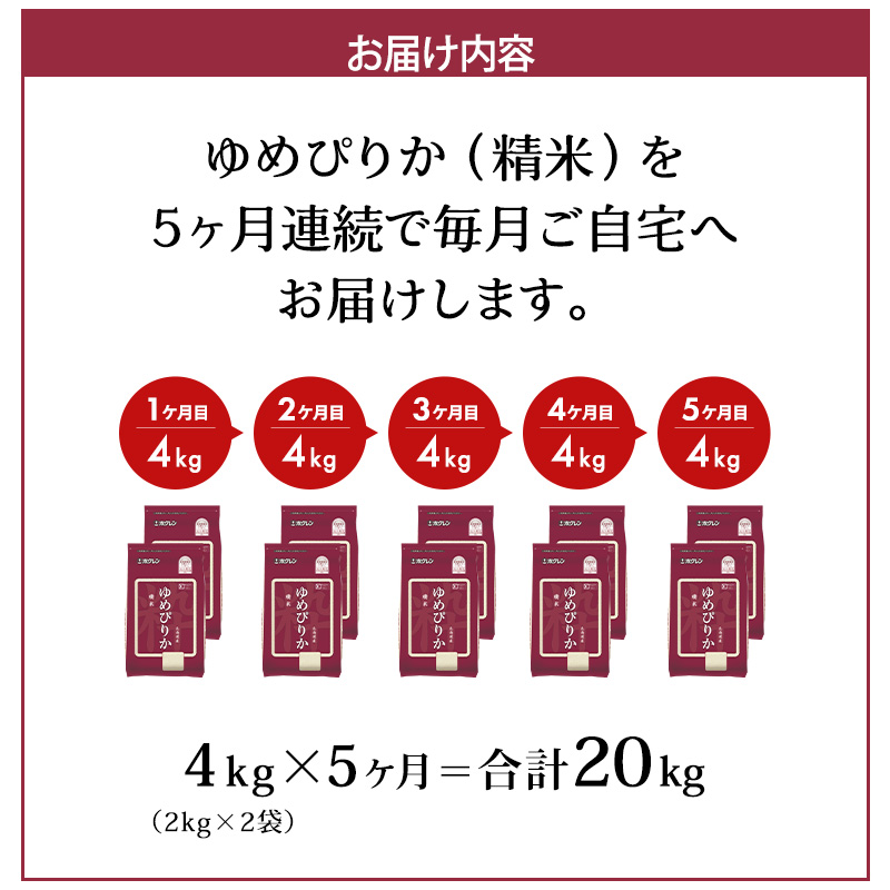 5ヵ月 定期便 (精米4kg)ホクレンゆめぴりか(精米2kg×2袋)袋はチャック付 チャック付き 認定マーク付き 米 お米 白米 ごはん ご飯 ライス 和食 炭水化物 主食 おにぎり お弁当  [JA新おたる]