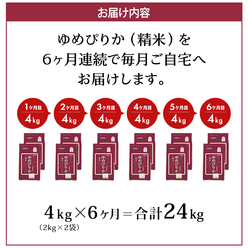 6ヵ月 定期便 (精米4kg)ホクレンゆめぴりか(精米2kg×2袋)袋はチャック付 チャック付き 認定マーク付き 米 お米 白米 ごはん ご飯 ライス 和食 炭水化物 主食 おにぎり お弁当  [JA新おたる]