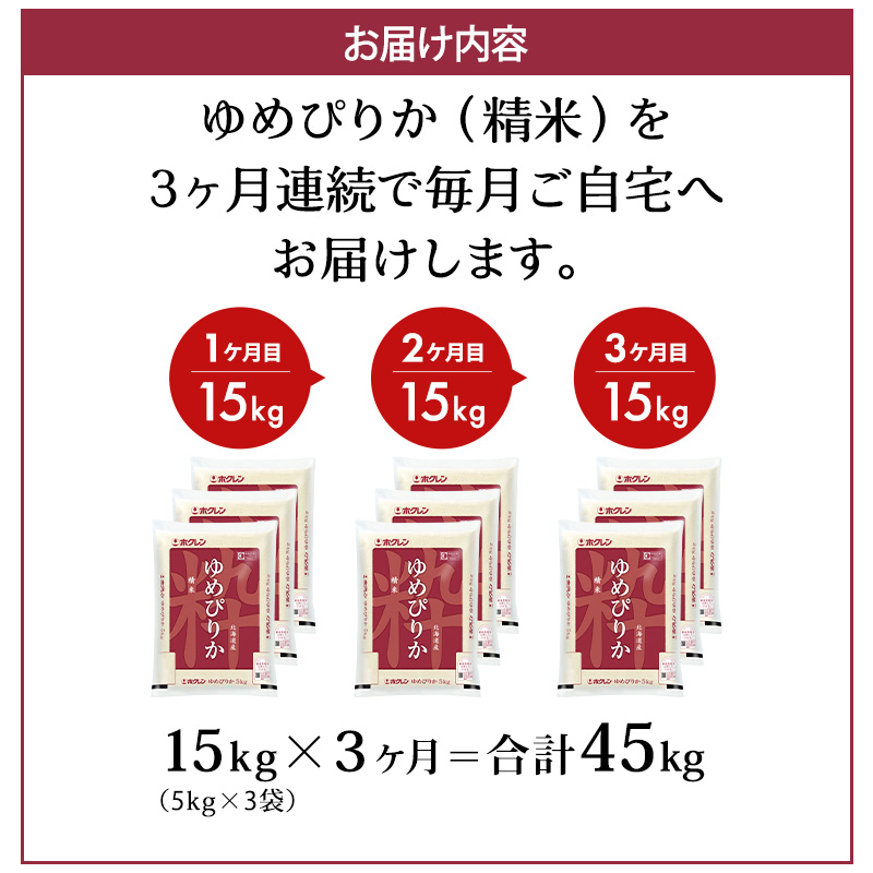3ヵ月 定期便 (精米15kg)ホクレンゆめぴりか(精米5kg×3袋) 米 お米 白米 ごはん ご飯 ライス 和食 炭水化物 主食 おにぎり お弁当  [JA新おたる] 